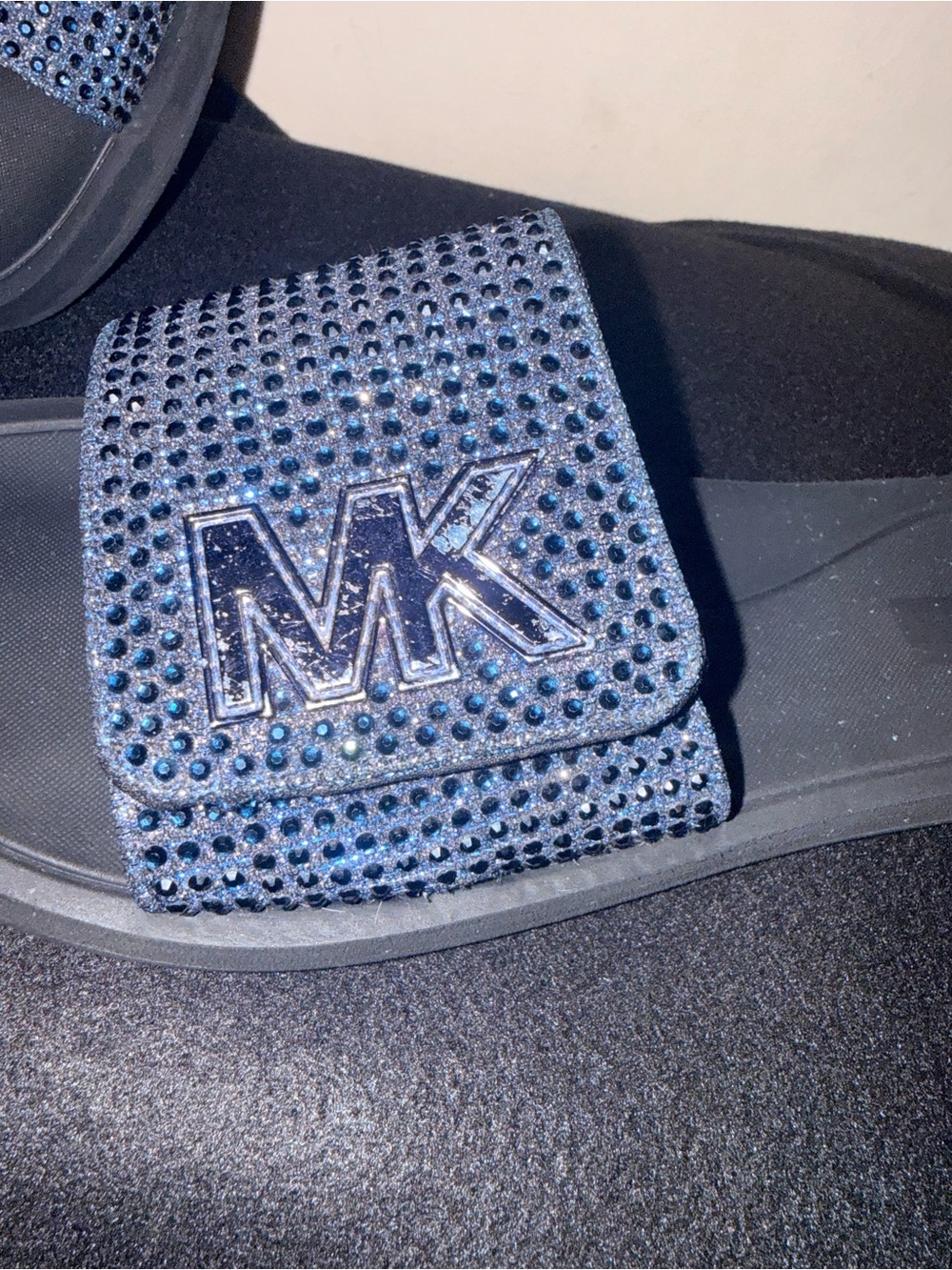Michael Kors Blue Crystal MK Logo Slide Sandals